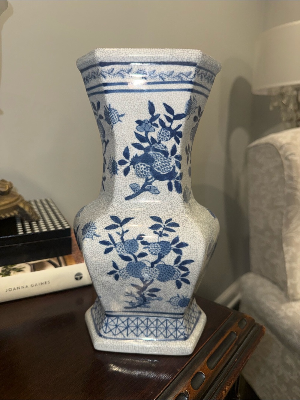 Vintage Blue and White Floral Crackle Ceramic Vase Shabby Chic